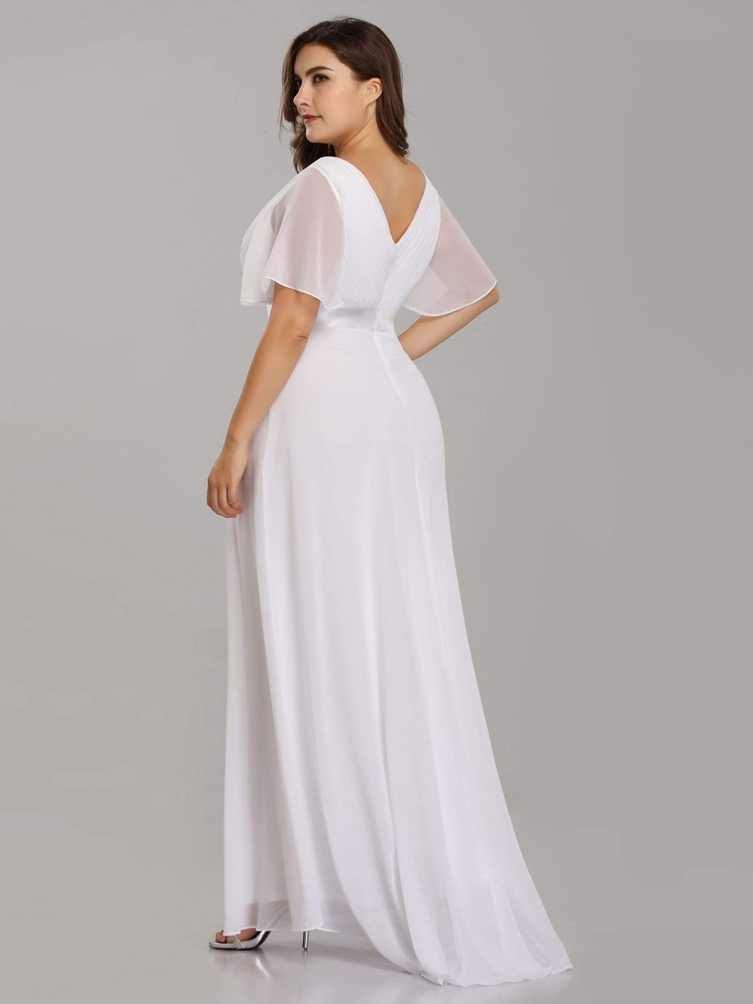 COLOR=White | Long Empire Waist Evening Dress With Short Flutter Sleeves-White 7