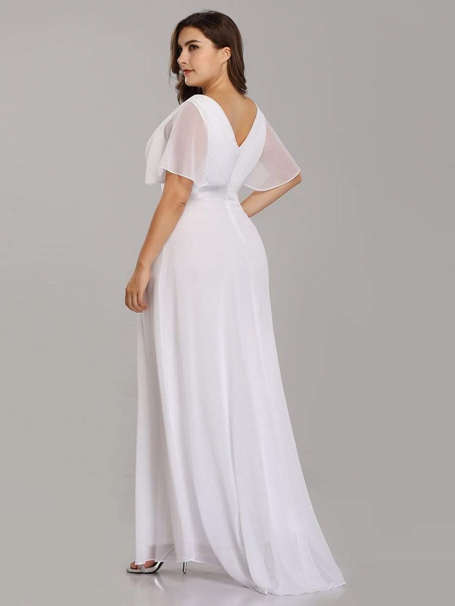 Color=White | Plus Size Long Empire Waist Evening Dress With Short Flutter Sleeves-White 2