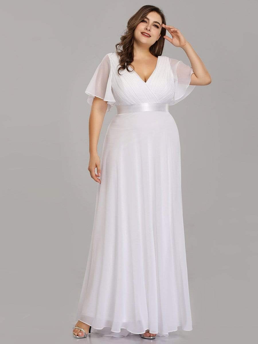 Color=White | Plus Size Long Empire Waist Evening Dress With Short Flutter Sleeves-White 3