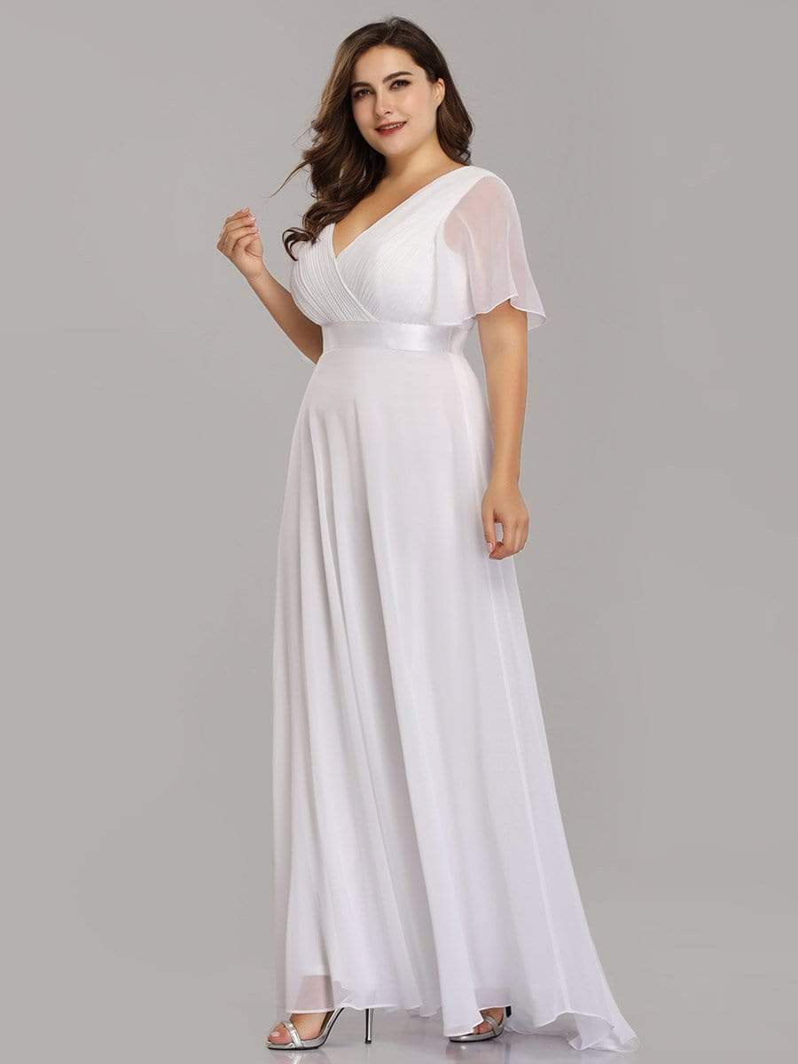 Color=White | Plus Size Long Empire Waist Evening Dress With Short Flutter Sleeves-White 4