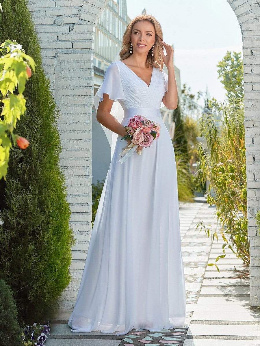Color=White | Minimalist A-Line Maxi Chiffon Wedding Dress With Satin Belt-White 10