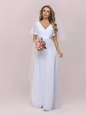 Color=White | Minimalist A-Line Maxi Chiffon Wedding Dress With Satin Belt-White 6