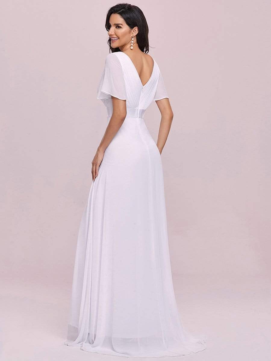 Color=White | Minimalist A-Line Maxi Chiffon Wedding Dress With Satin Belt-White 12