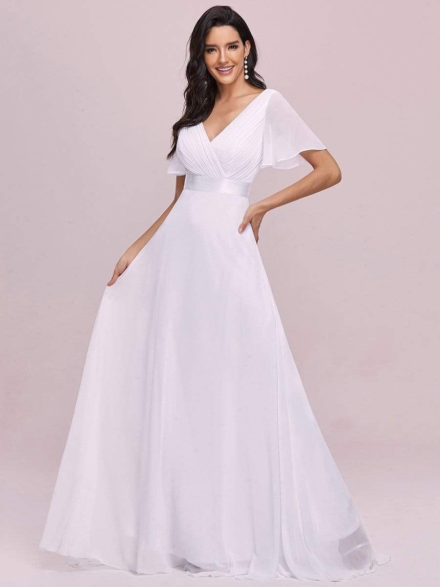 Color=White | Minimalist A-Line Maxi Chiffon Wedding Dress With Satin Belt-White 11