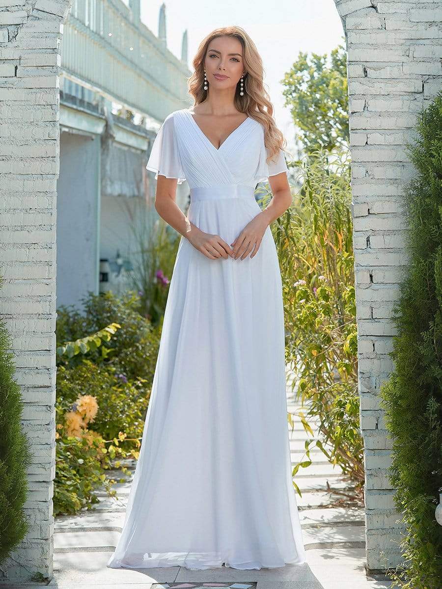 Color=White | Minimalist A-Line Maxi Chiffon Wedding Dress With Satin Belt-White 1