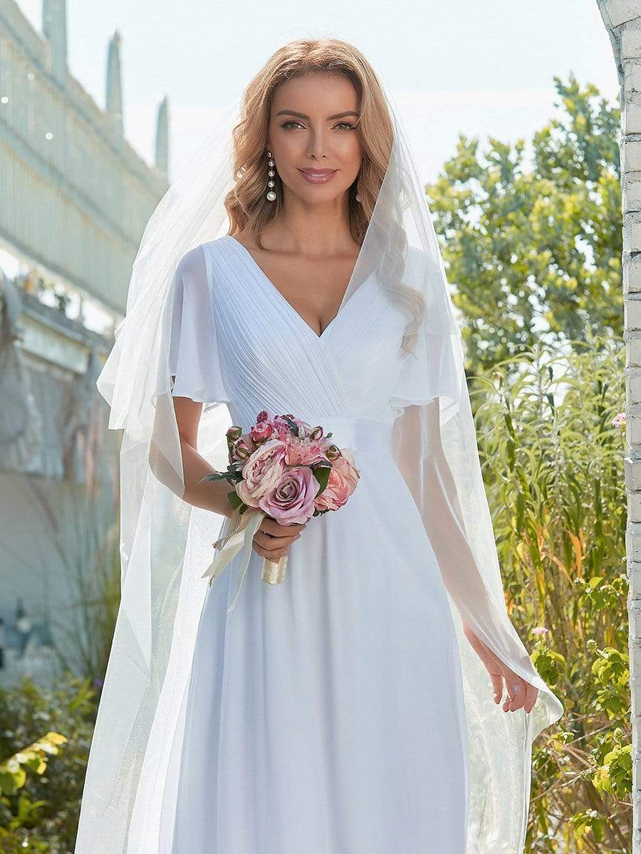 Color=White | Minimalist A-Line Maxi Chiffon Wedding Dress With Satin Belt-White 3