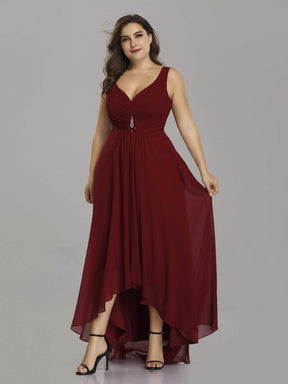 Color=Burgundy | Plus Size V-Neck High-Low Evening Dress-Burgundy 4