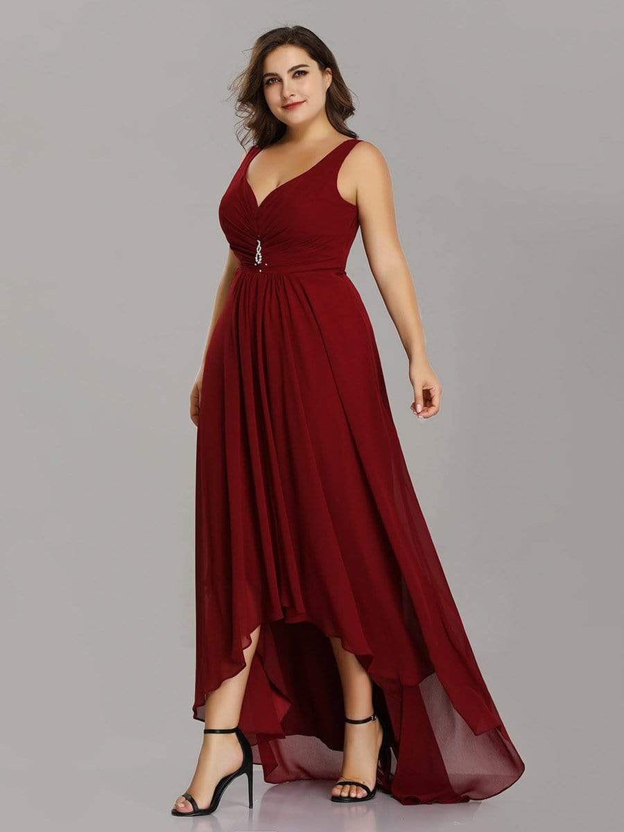 COLOR=Burgundy | V-Neck High-Low Evening Dress-Burgundy 8