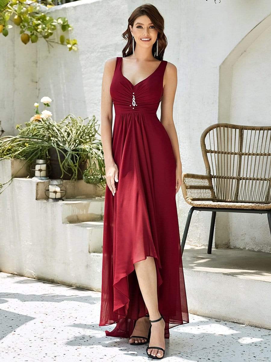 COLOR=Burgundy | V-Neck High-Low Evening Dress-Burgundy 1