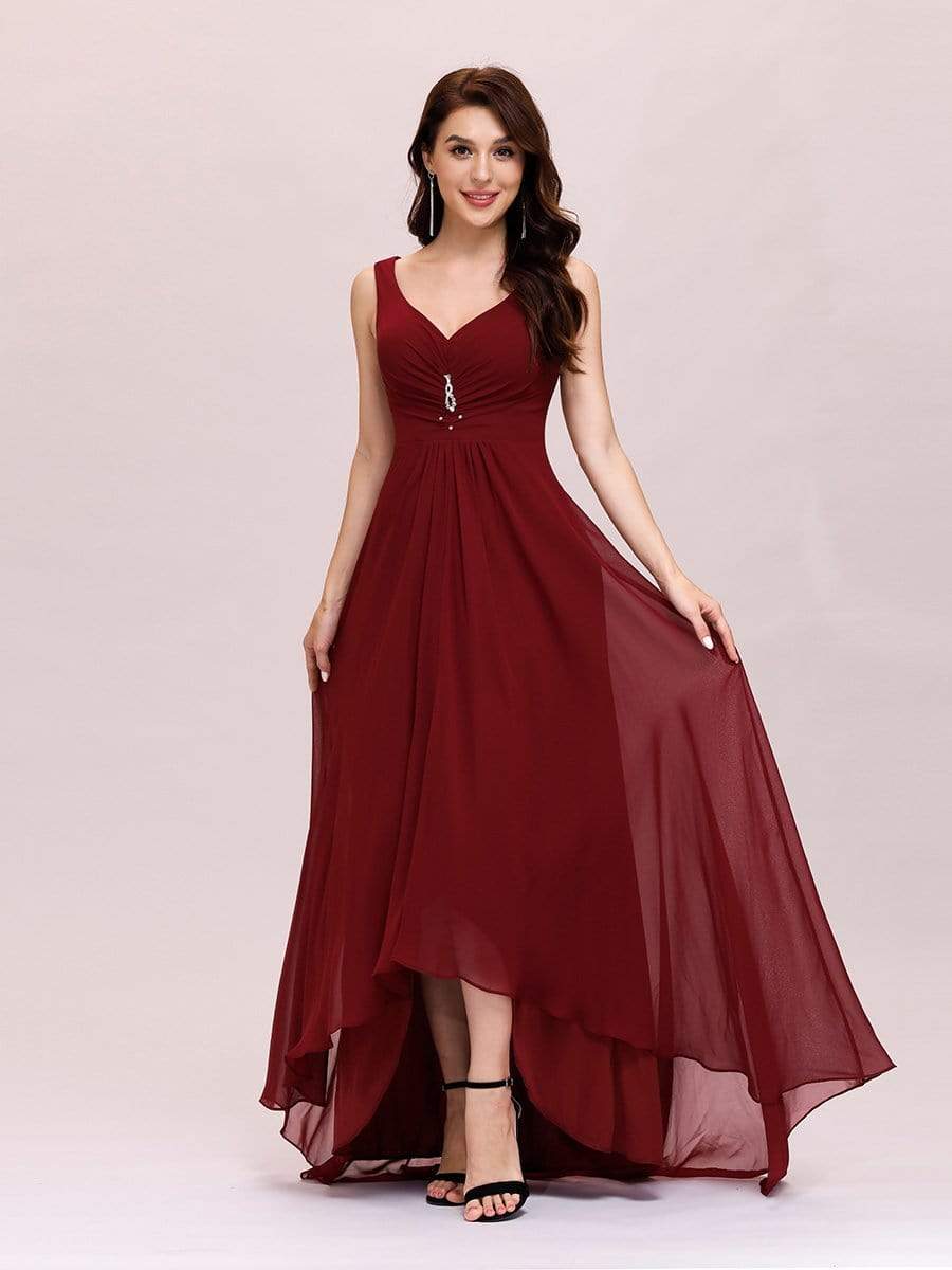 COLOR=Burgundy | V-Neck High-Low Evening Dress-Burgundy 5