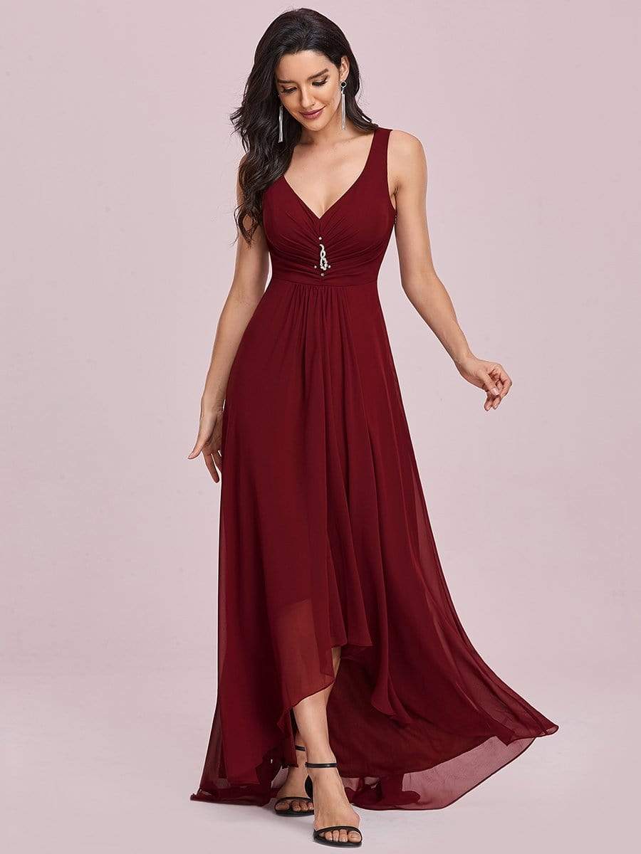 COLOR=Burgundy | V-Neck High-Low Evening Dress-Burgundy 3