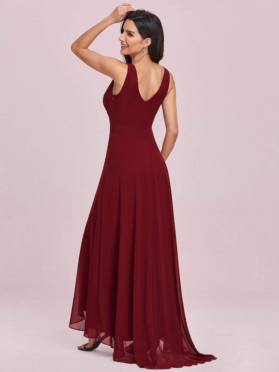 COLOR=Burgundy | V-Neck High-Low Evening Dress-Burgundy 4