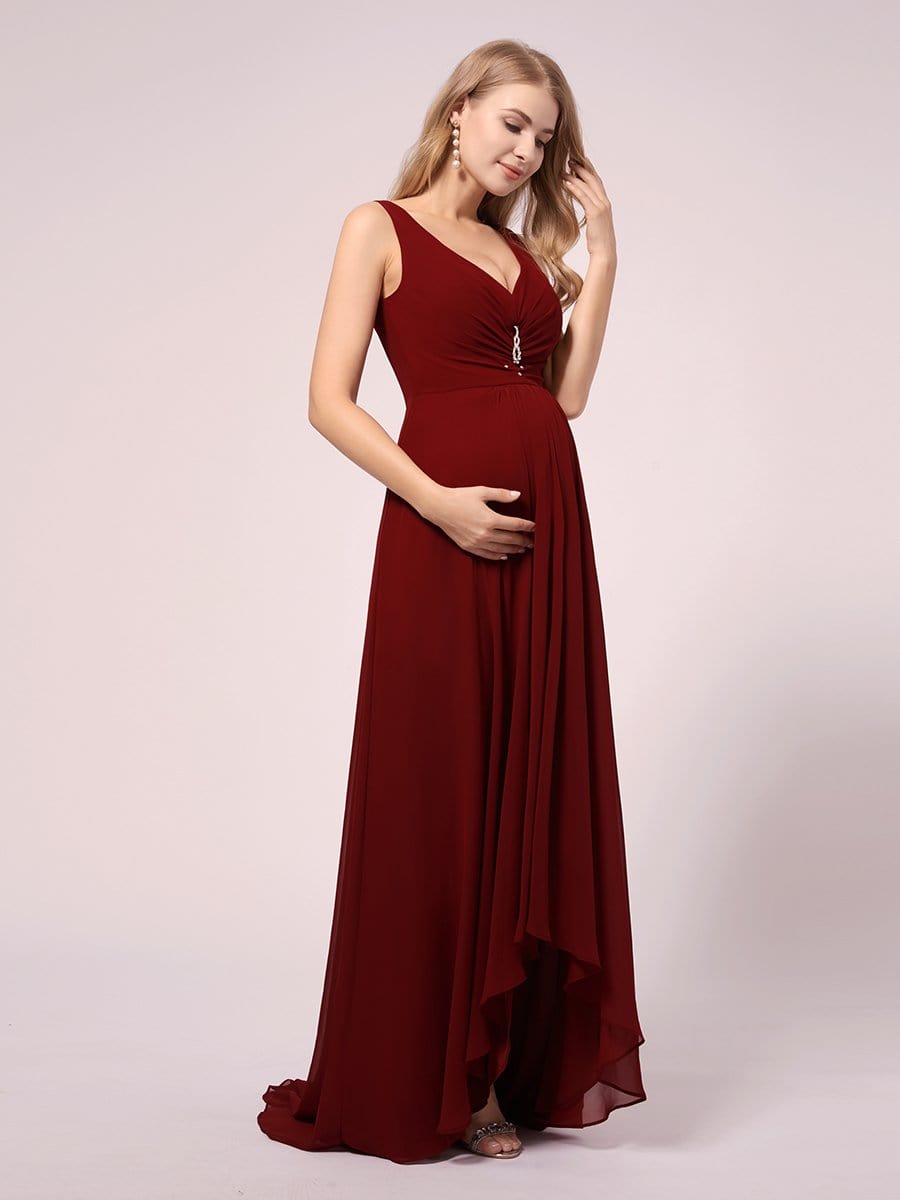 COLOR=Burgundy |V-Neck High-Low Chiffon Evening Party Maternity Dresses-Burgundy 3