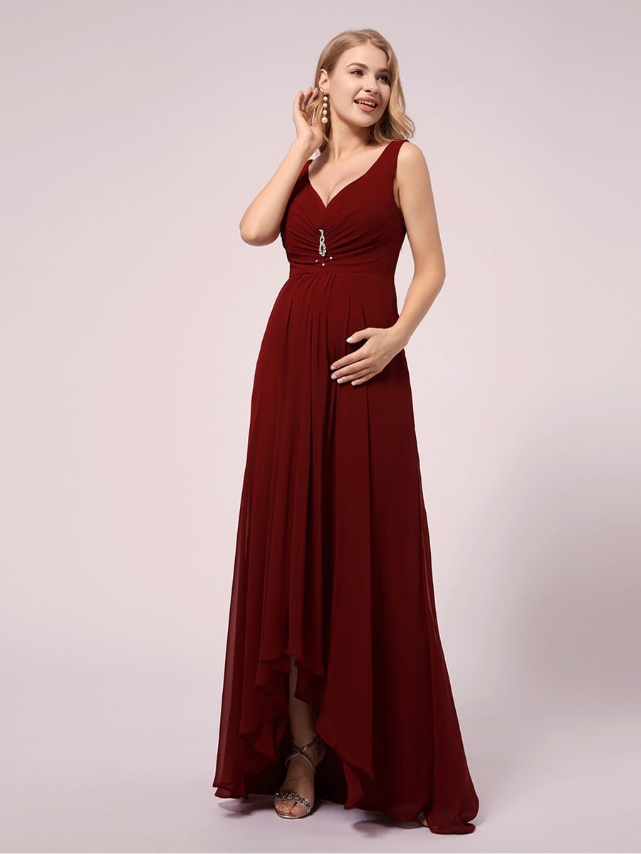 COLOR=Burgundy |V-Neck High-Low Chiffon Evening Party Maternity Dresses-Burgundy 5