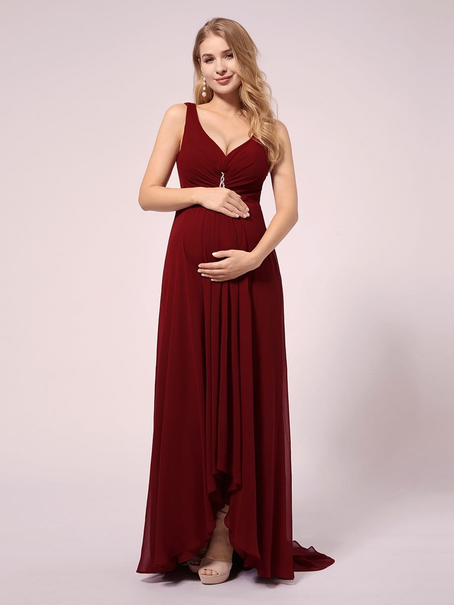 COLOR=Burgundy |V-Neck High-Low Chiffon Evening Party Maternity Dresses-Burgundy 1