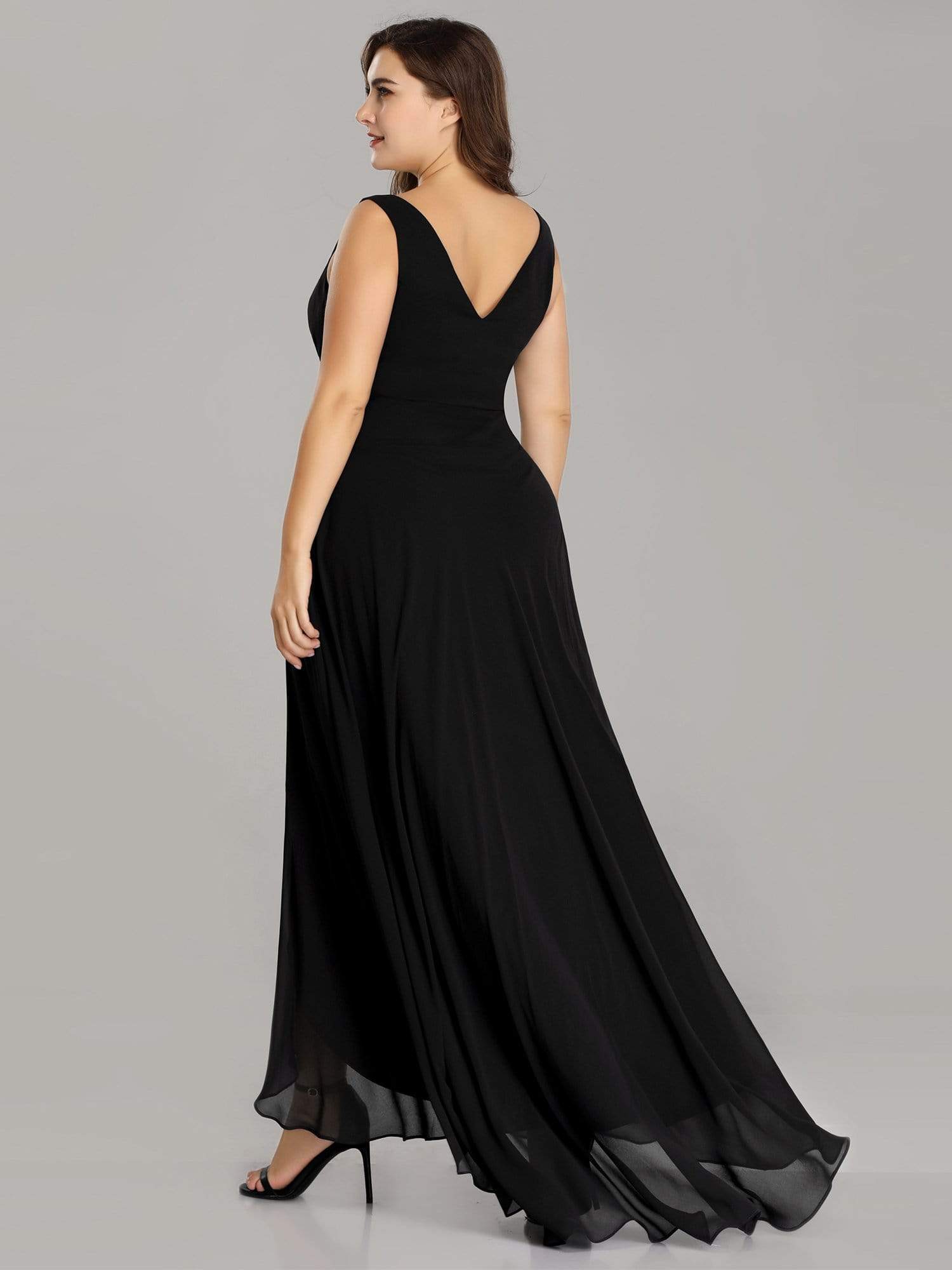 Color=Black | Plus Size V-Neck High-Low Evening Dress-Black 2