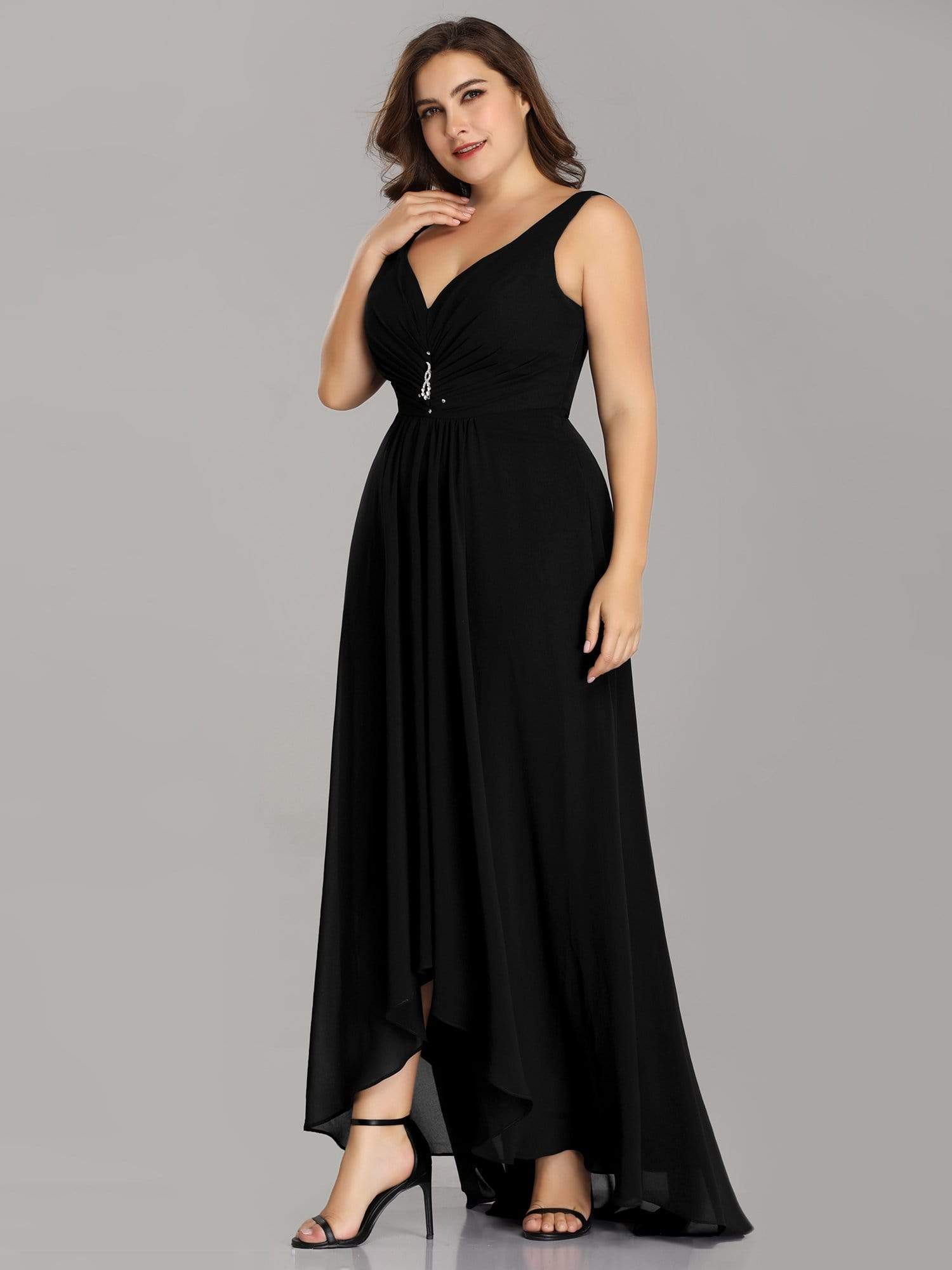 Color=Black | Plus Size V-Neck High-Low Evening Dress-Black 3