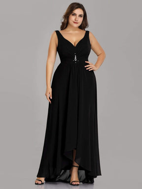 Color=Black | Plus Size V-Neck High-Low Evening Dress-Black 4