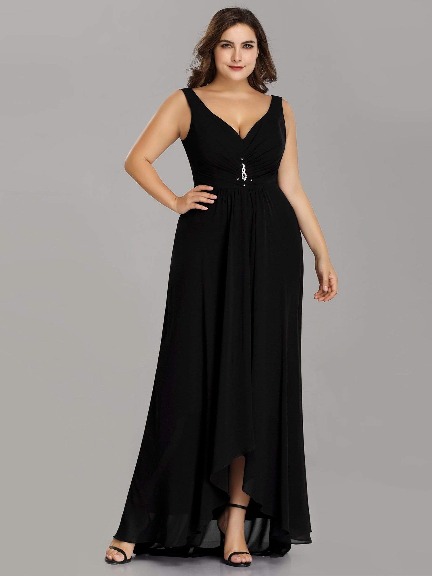 Color=Black | Plus Size V-Neck High-Low Evening Dress-Black 1