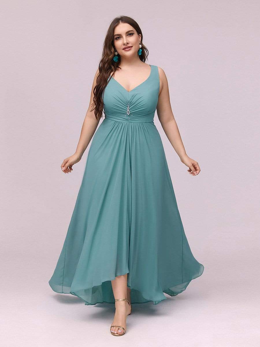 COLOR=Dusty Blue | V-Neck High-Low Evening Dress-Dusty Blue 3
