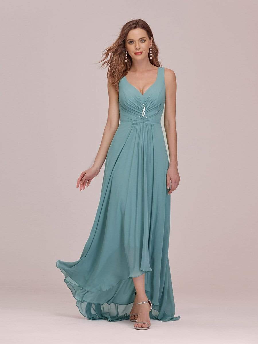 COLOR=Dusty Blue | V-Neck High-Low Evening Dress-Dusty Blue 1
