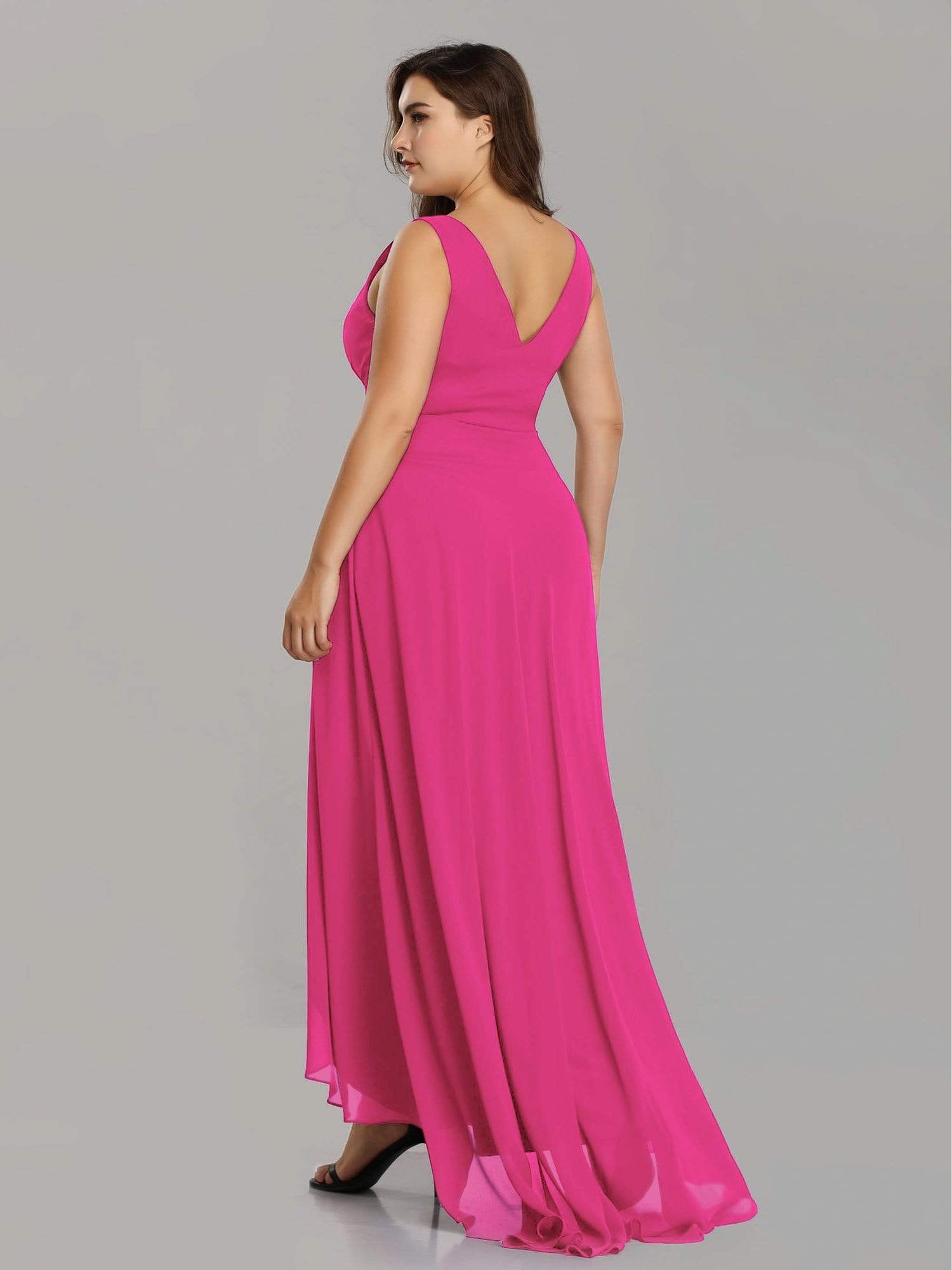 Color=Hot Pink | Plus Size V-Neck High-Low Evening Dress-Hot Pink 2