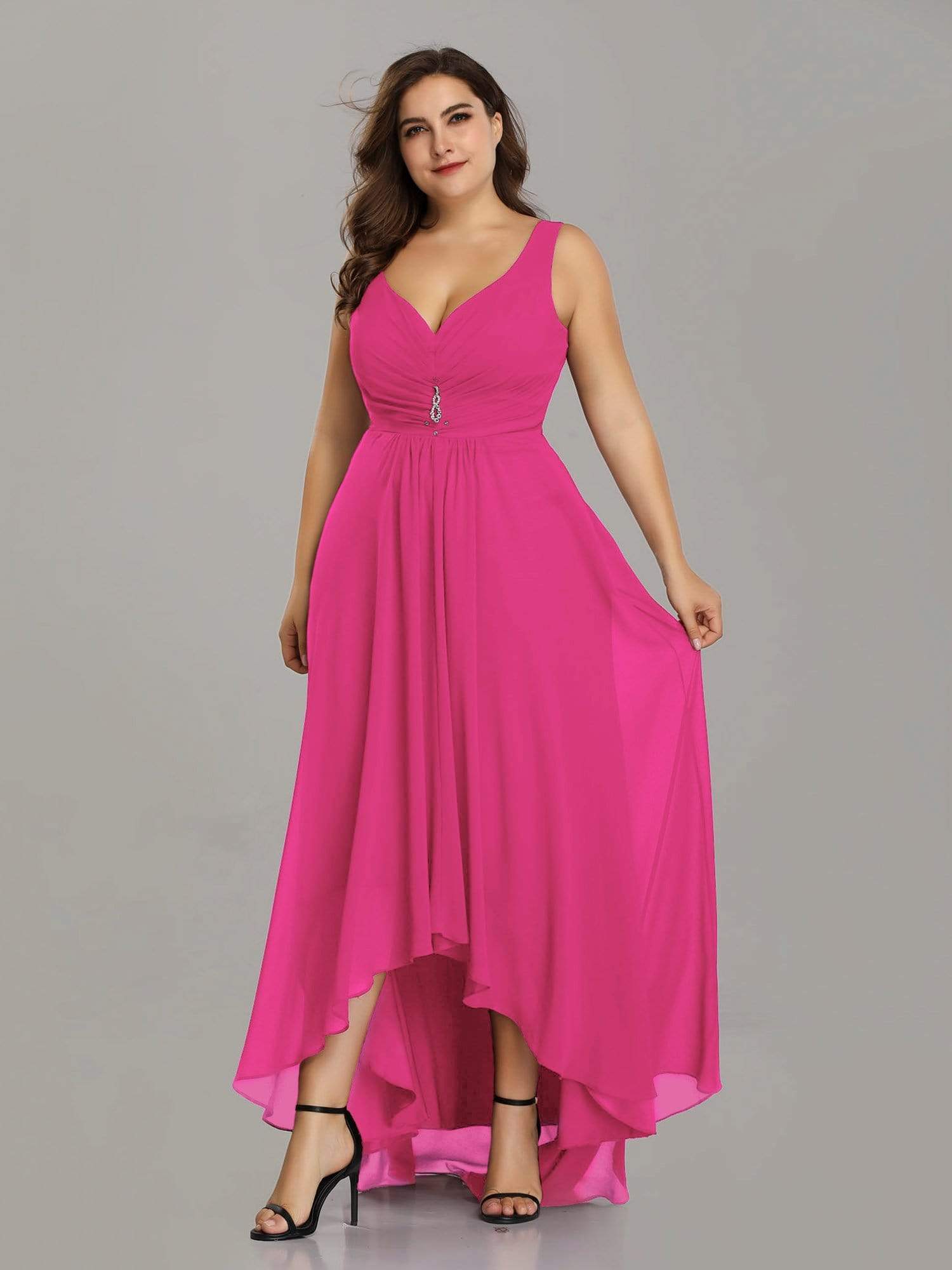 Color=Hot Pink | Plus Size V-Neck High-Low Evening Dress-Hot Pink 4
