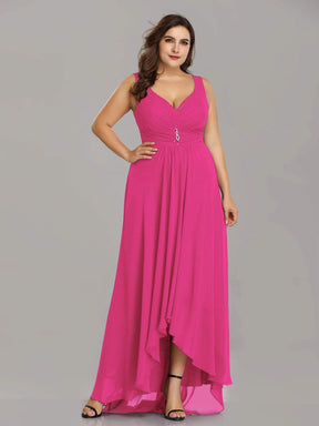 Color=Hot Pink | Plus Size V-Neck High-Low Evening Dress-Hot Pink 1