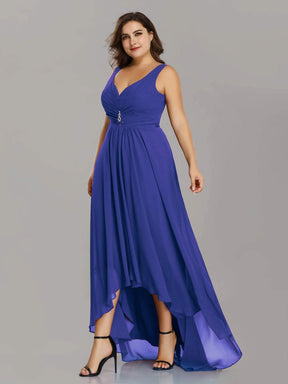 Color=Sapphire Blue | Plus Size V-Neck High-Low Evening Dress-Sapphire Blue 3