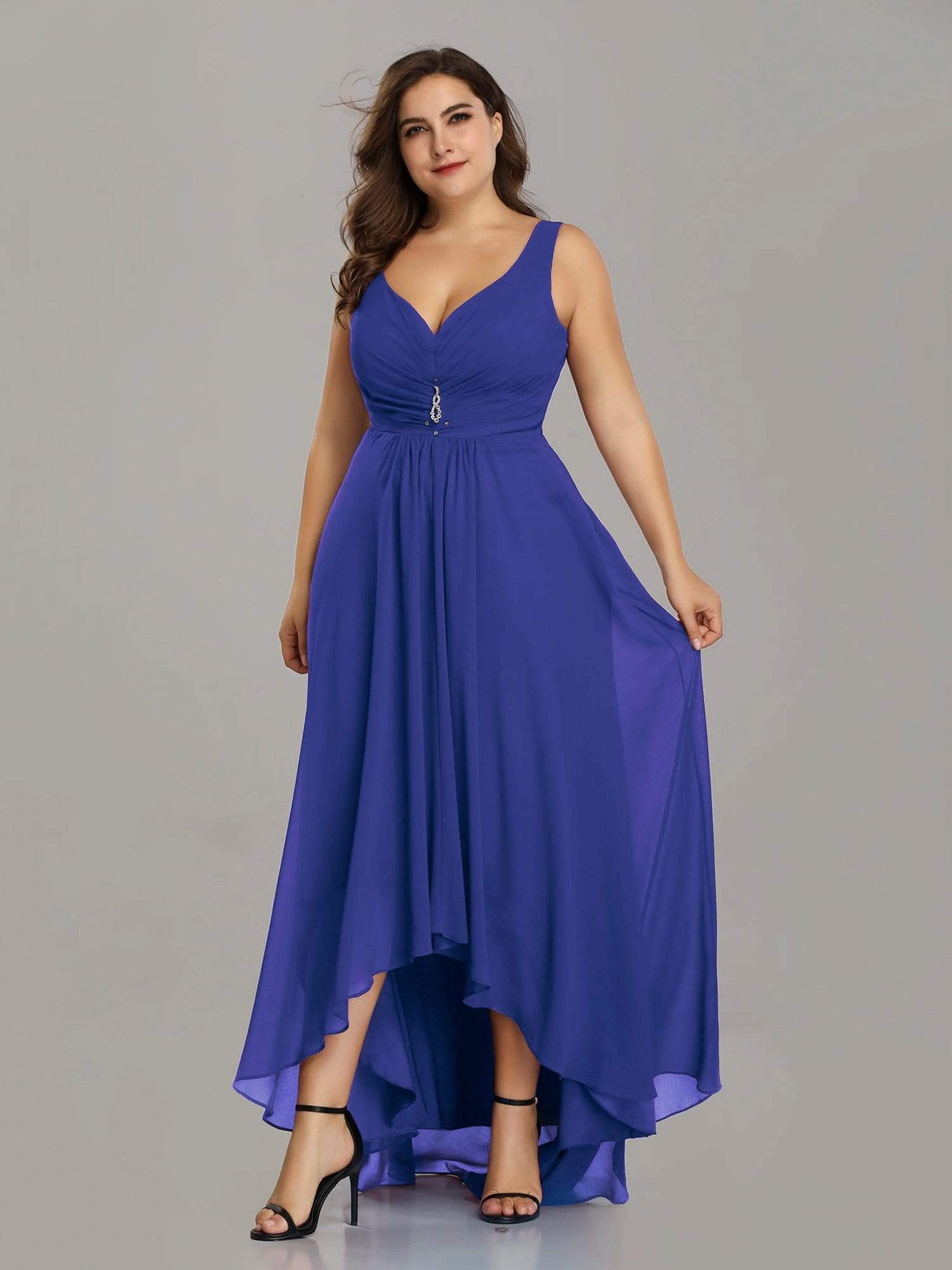 Color=Sapphire Blue | Plus Size V-Neck High-Low Evening Dress-Sapphire Blue 4