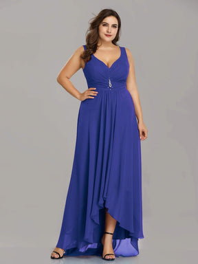 Color=Sapphire Blue | Plus Size V-Neck High-Low Evening Dress-Sapphire Blue 1