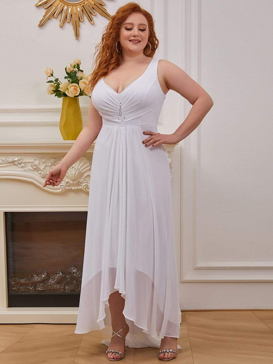 Color=White | Plus Size V-Neck High-Low Evening Dress-White 4