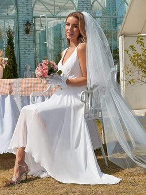 Color=White | Simple V Neck Chiffon Wedding Dress With Asymmetric Hem-White 3