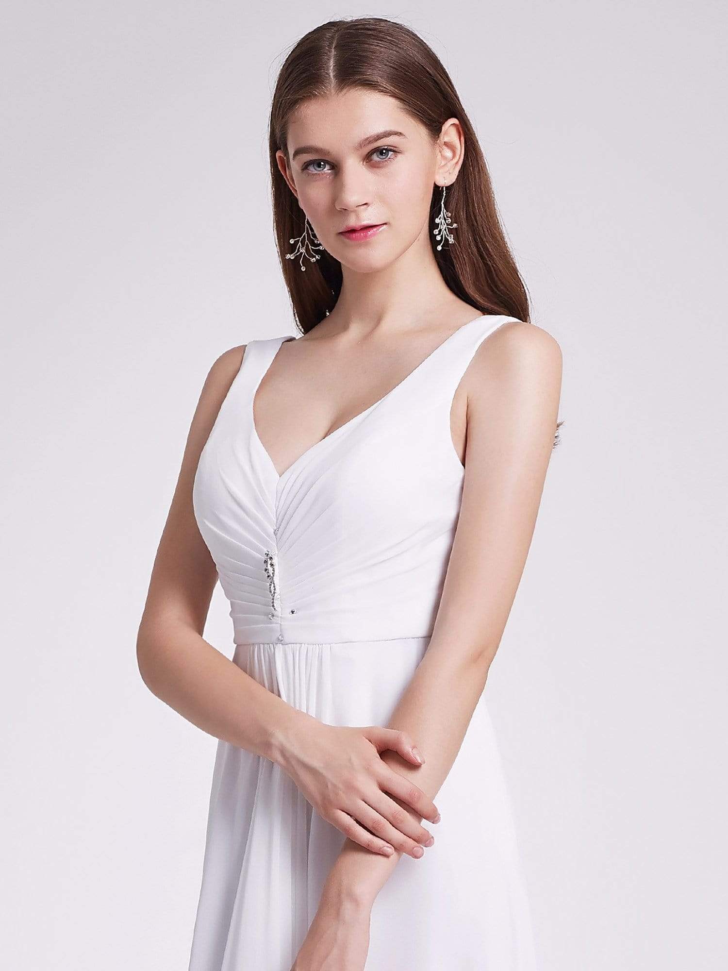 COLOR=White | V-Neck High-Low Evening Dress-White 5