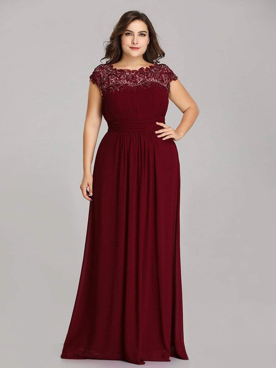 COLOR=Burgundy | Maxi Long Lace Cap Sleeve Elegant Plus Size Evening Gowns-Burgundy 1