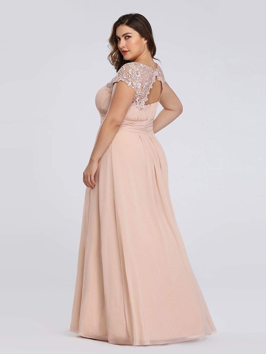 Color=Blush | Maxi Long Lace Cap Sleeve Elegant Plus Size Evening Gowns-Blush 2