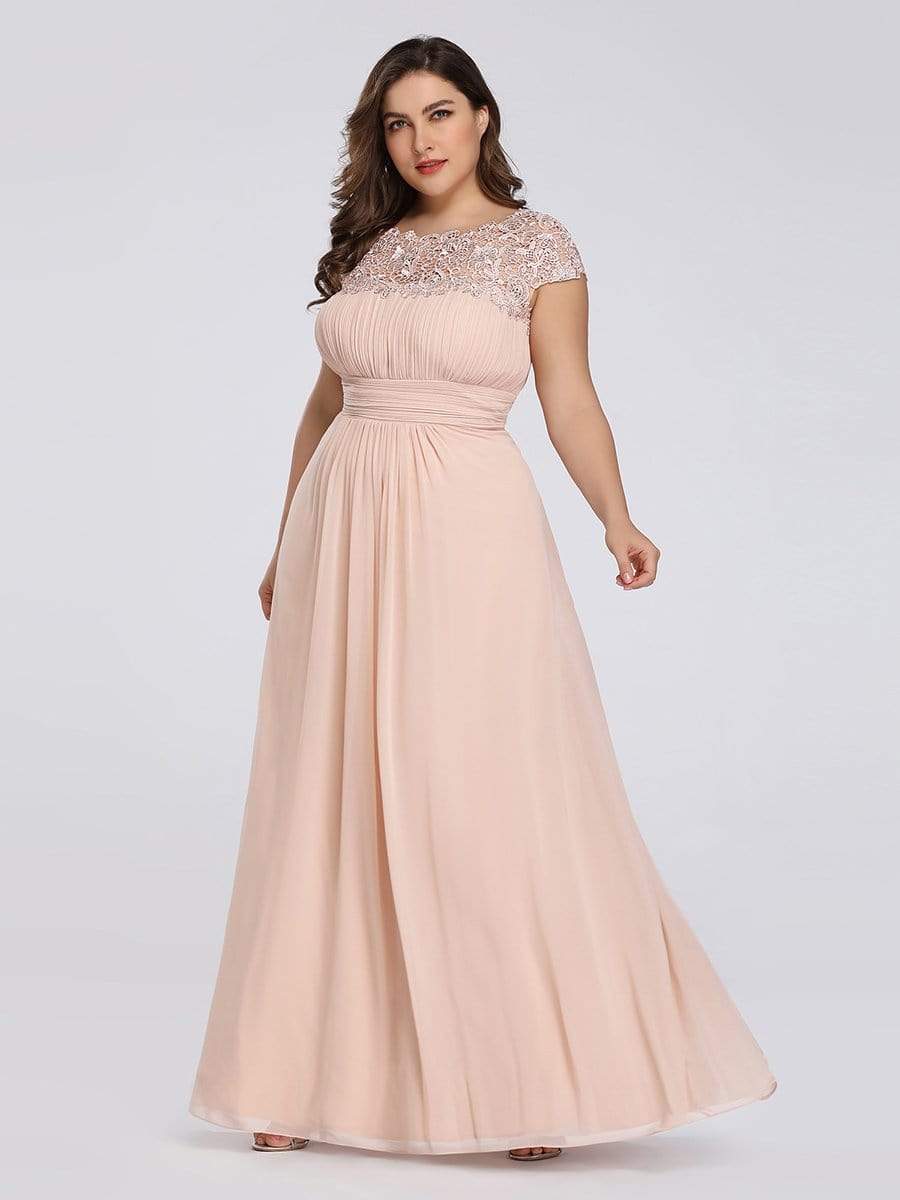 Color=Blush | Maxi Long Lace Cap Sleeve Elegant Plus Size Evening Gowns-Blush 3