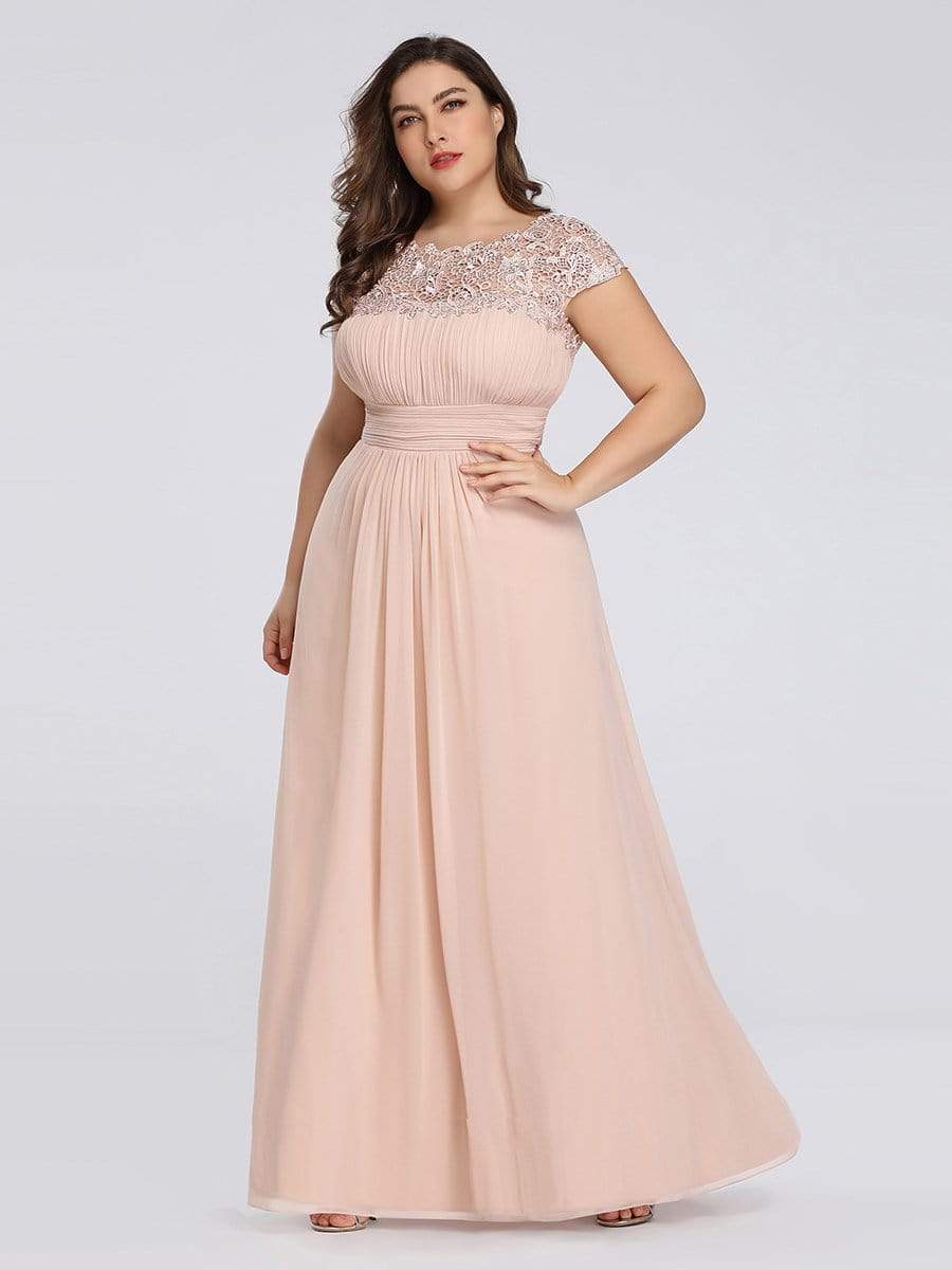 Color=Blush | Maxi Long Lace Cap Sleeve Elegant Plus Size Evening Gowns-Blush 4