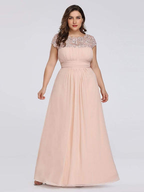 Color=Blush | Maxi Long Lace Cap Sleeve Elegant Plus Size Evening Gowns-Blush 1