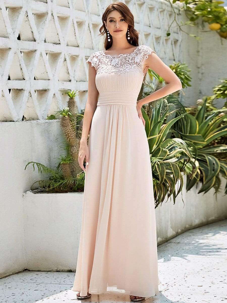 COLOR=Blush | Maxi Long Lace Cap Sleeve Elegant Evening Gowns-Blush 1