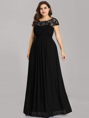COLOR=Black | Maxi Long Lace Cap Sleeve Elegant Plus Size Evening Gowns-Black 3