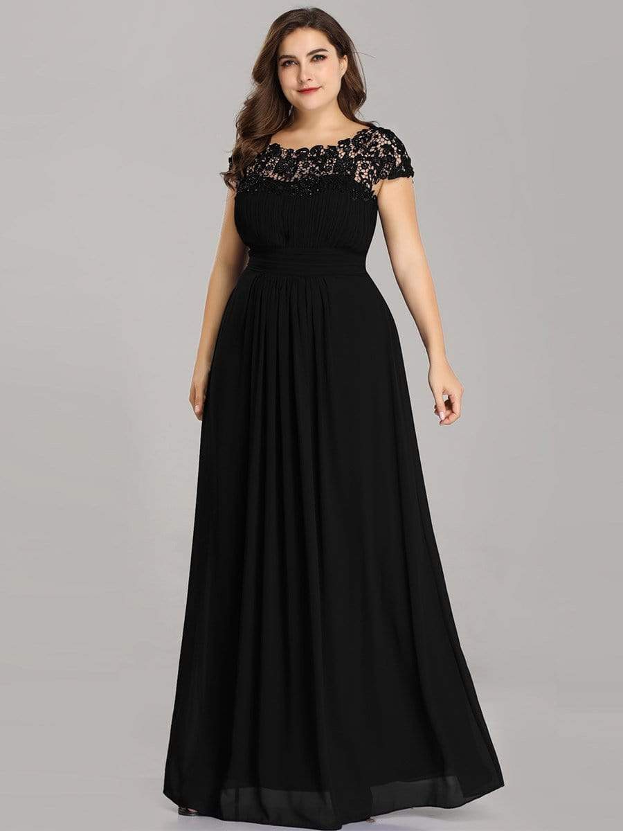 COLOR=Black | Maxi Long Lace Cap Sleeve Elegant Evening Gowns-Black 4