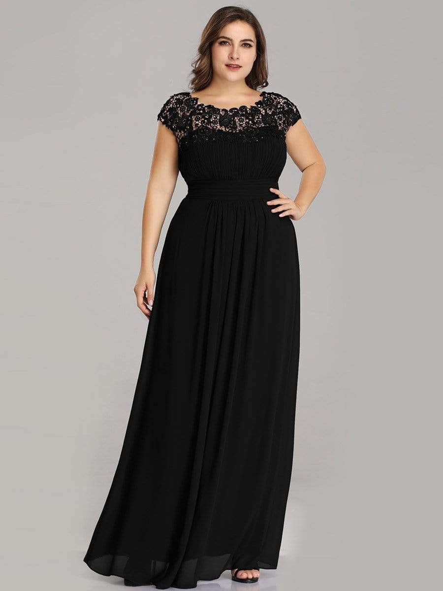 COLOR=Black | Maxi Long Lace Cap Sleeve Elegant Plus Size Evening Gowns-Black 4