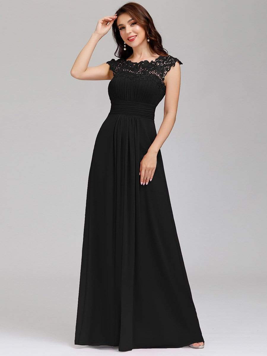 COLOR=Black | Maxi Long Lace Cap Sleeve Elegant Evening Gowns-Black 1
