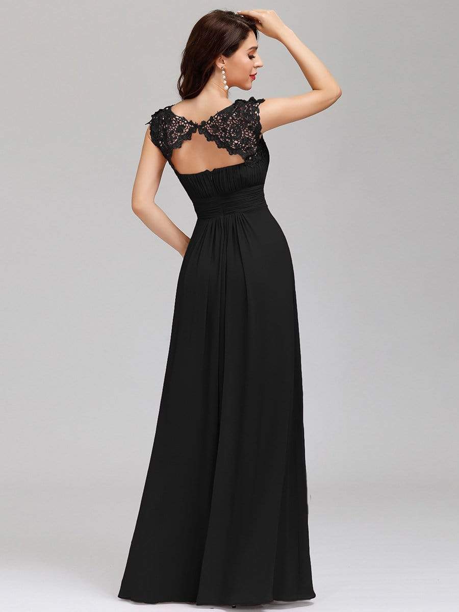 COLOR=Black | Maxi Long Lace Cap Sleeve Elegant Evening Gowns-Black 2