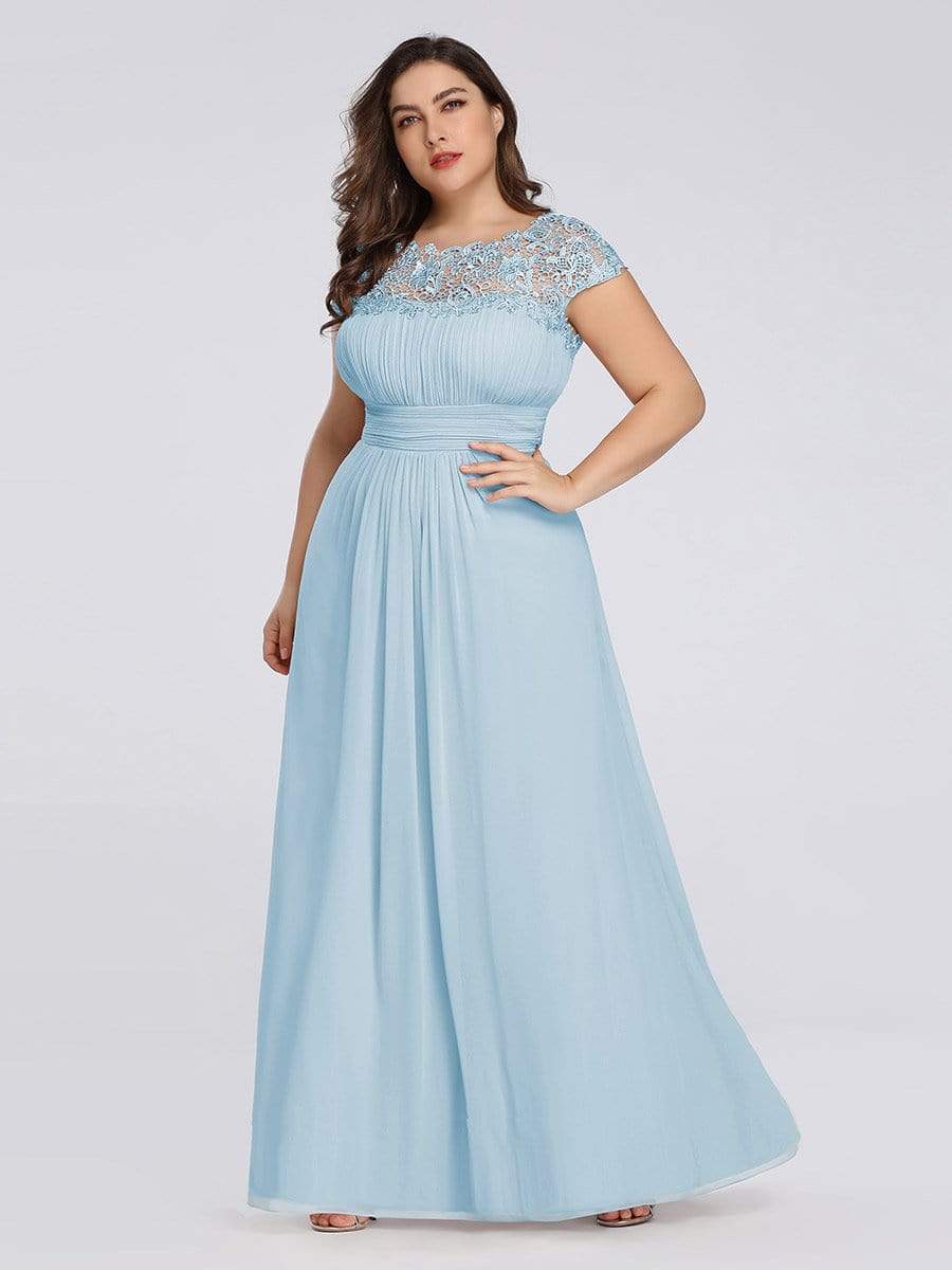 Color=Sky Blue | Maxi Long Lace Cap Sleeve Elegant Plus Size Evening Gowns-Sky Blue 3