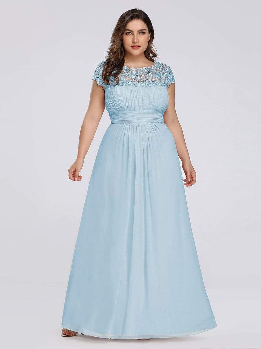 Color=Sky Blue | Maxi Long Lace Cap Sleeve Elegant Plus Size Evening Gowns-Sky Blue 4
