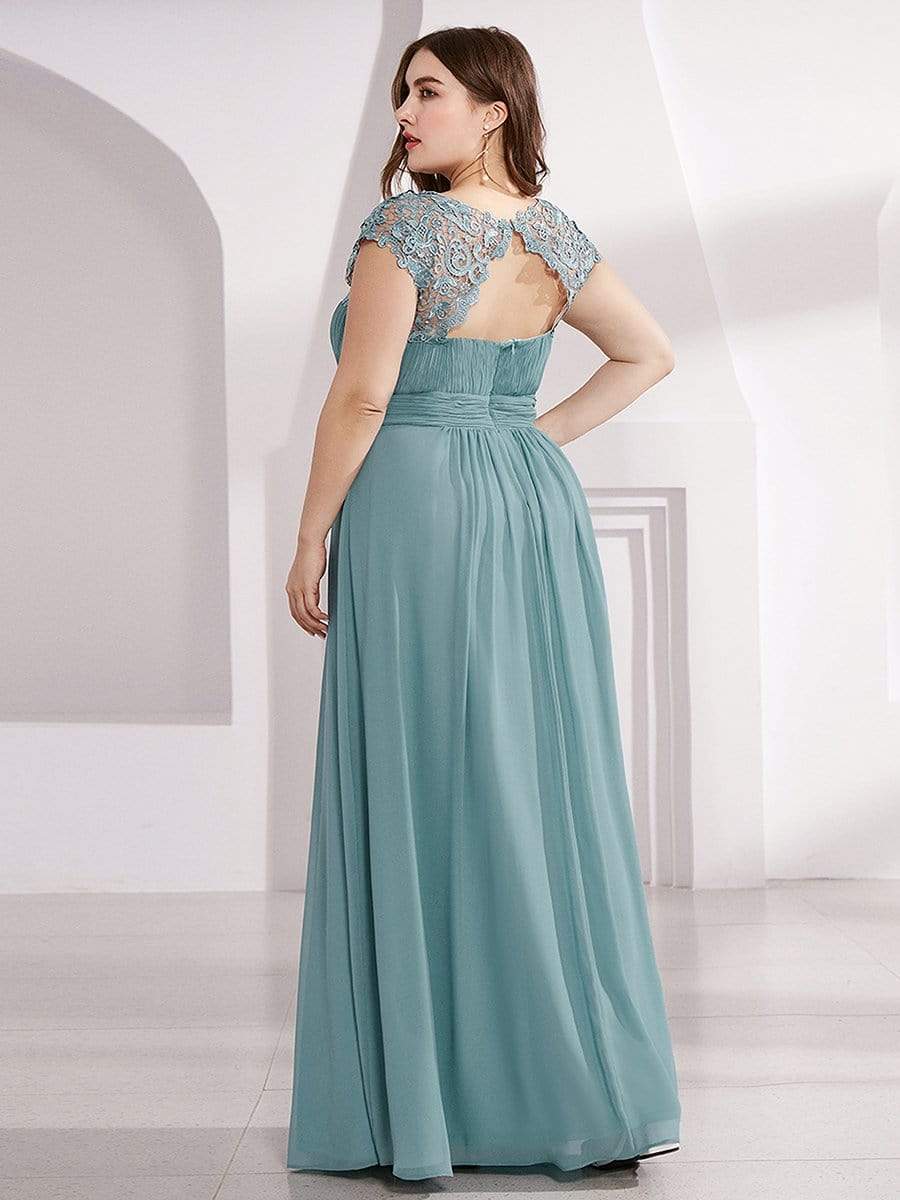 COLOR=Dusty Blue | Maxi Long Lace Cap Sleeve Elegant Evening Gowns-Dusty Blue 1