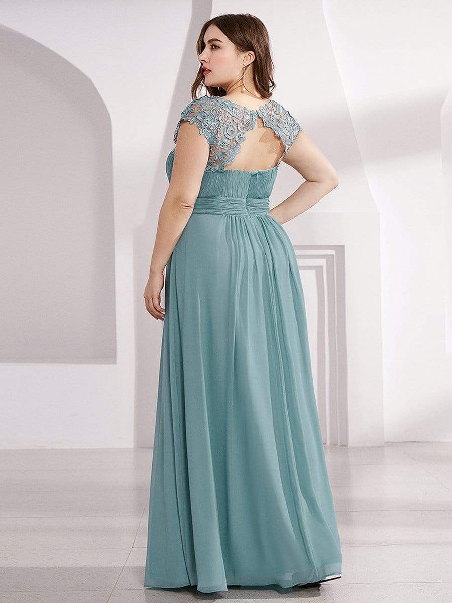 Color=Dusty Blue | Maxi Long Lace Cap Sleeve Elegant Plus Size Evening Gowns-Dusty Blue 2