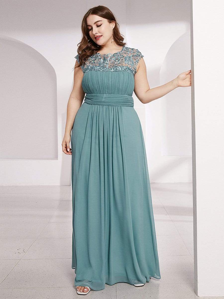 Color=Dusty Blue | Maxi Long Lace Cap Sleeve Elegant Plus Size Evening Gowns-Dusty Blue 4